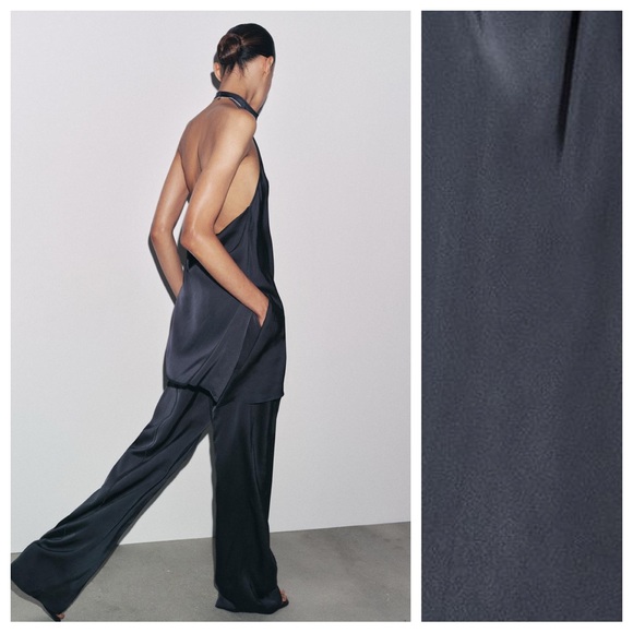 NWT. Zara ZW Collection Petrol Blue Satin Effect Halter Top. Size XS. - Picture 4 of 10